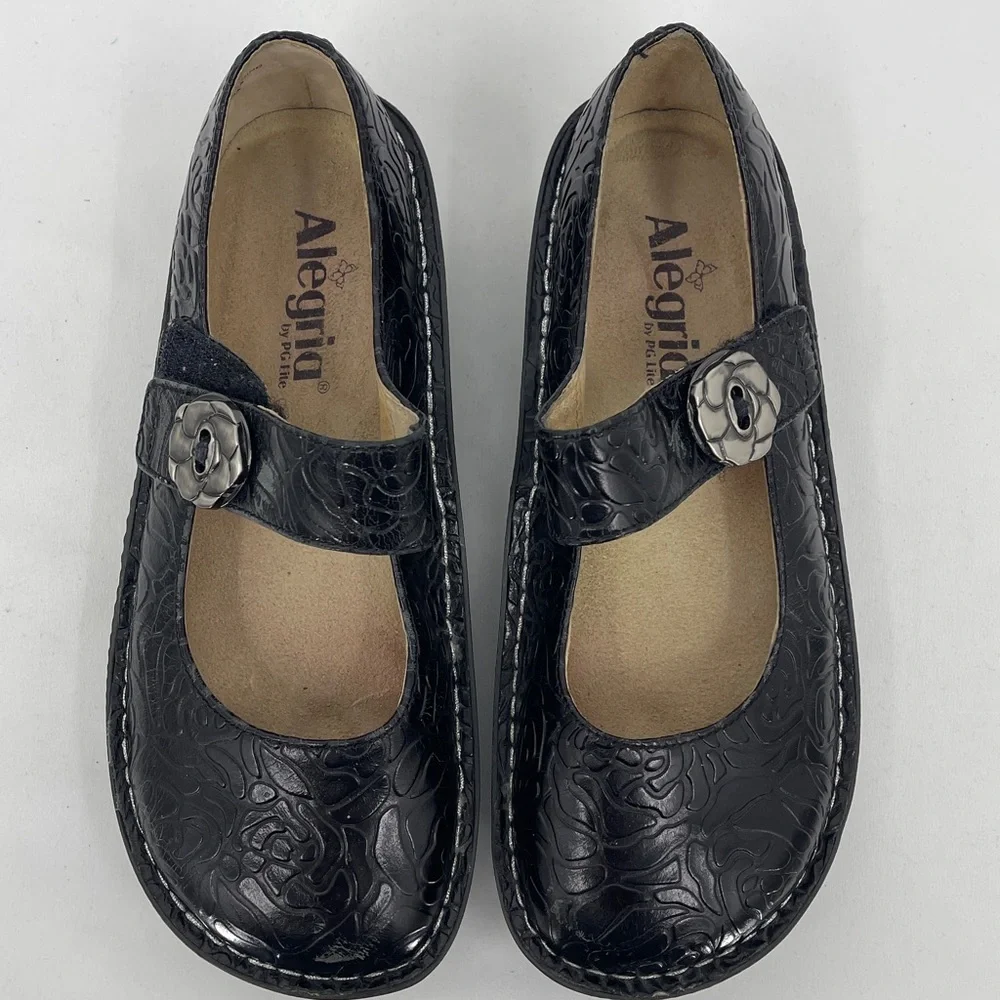 Alegria Black Embossed MARY JANE Shoes WOMENS SIZE 37 LEATHER UPPER
